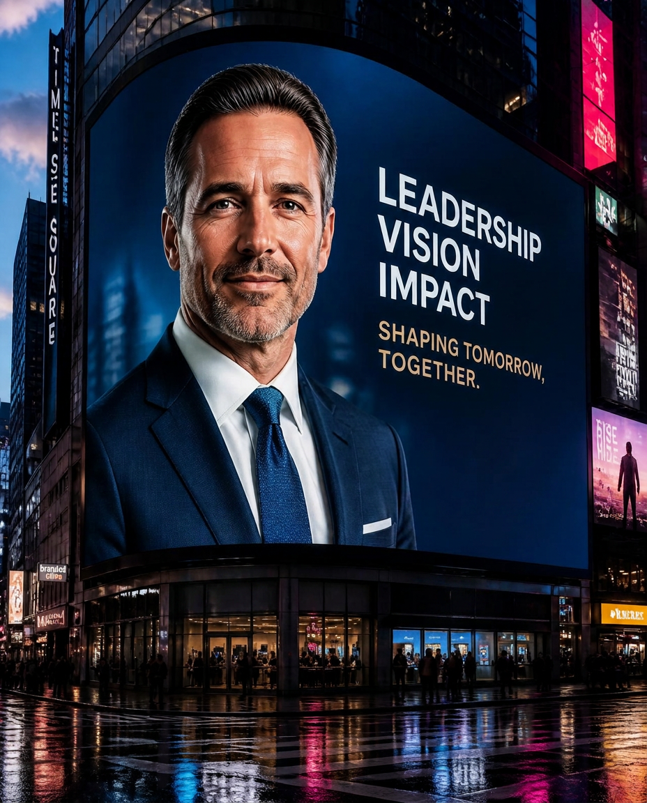 Times Square billboard feature recognizing executive leadership with Leadership Vision Impact messaging